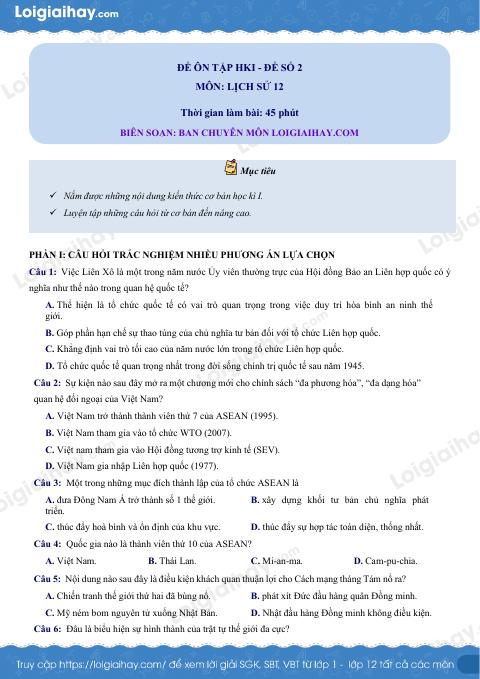 Đề thi học kì 1 Lịch sử 12 - Đề số 2